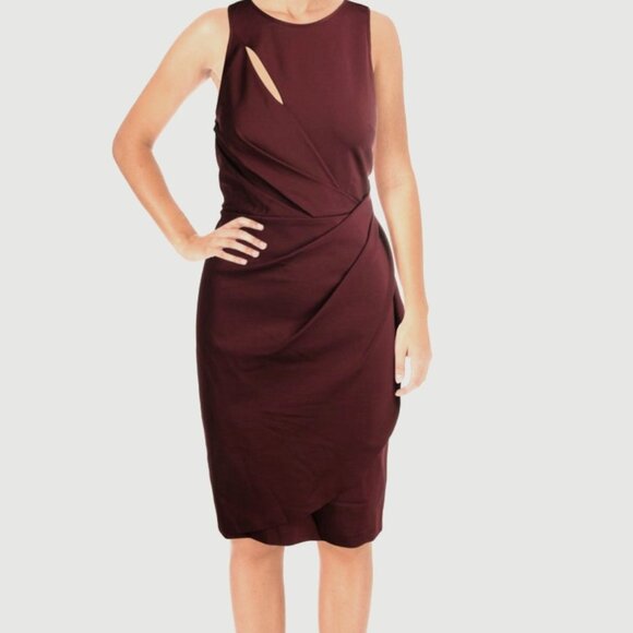 Vera Wang Dresses & Skirts - Vera Wang Sleeveless Cut-Out Asymetrical Hem Draped Midi Dress Burgundy Sz 2